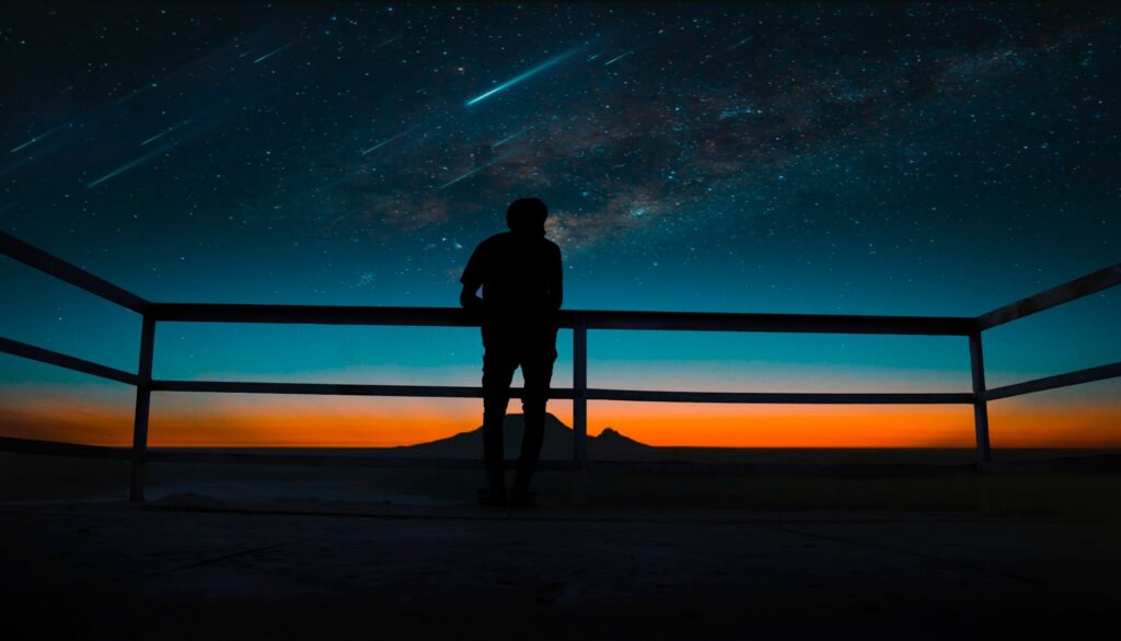 A silhouette of a person observing a vibrant night sky with stars and meteors, an image for The Hard Problem: What Neuroscience Cannot Explain About Consciousness