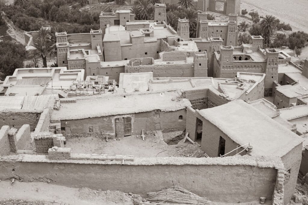 High angle view of an ancient mud-brick village showcasing traditional architecture.