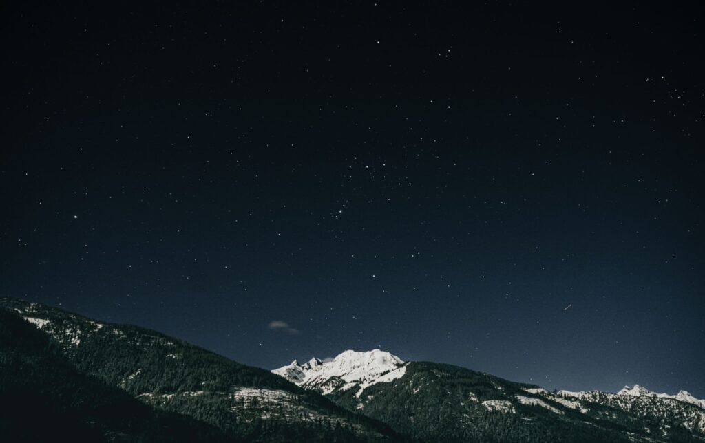 Captivating view of a starlit sky over snow-covered mountains, perfect for nature lovers and night photography enthusiasts.