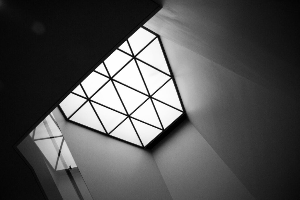 Black and white geometric ceiling design showcasing modern architectural style.