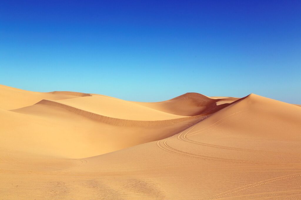 Expansive sand dunes under a bright blue sky, capturing the serene beauty of the desert.