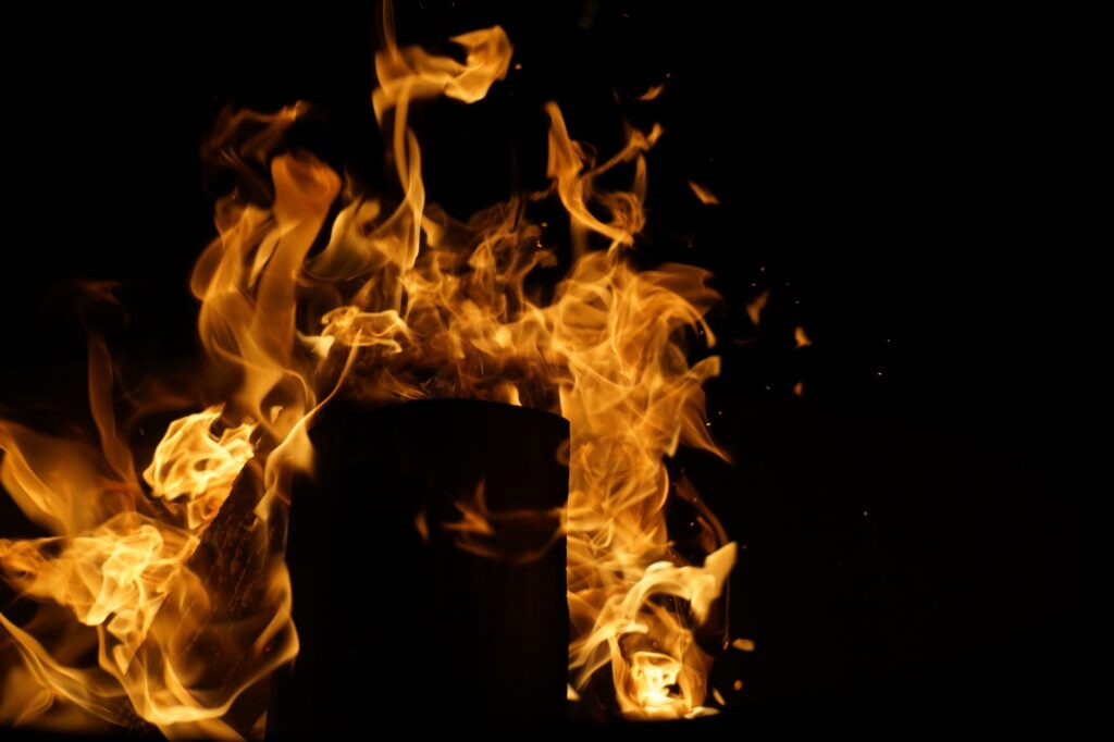 Captivating image of roaring flames against a dark night sky, Horace, ND, an image for Hellfire: Why Would God Send Anyone There