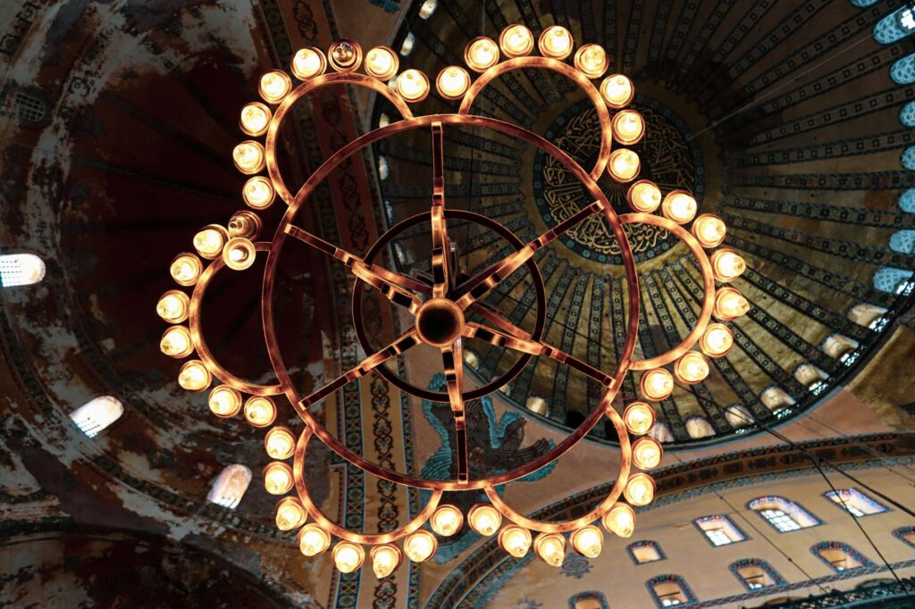 View of an ornate chandelier with intricate ceiling in a historical mosque, an image for Faith Was Just Conditioning? Examining the Claim