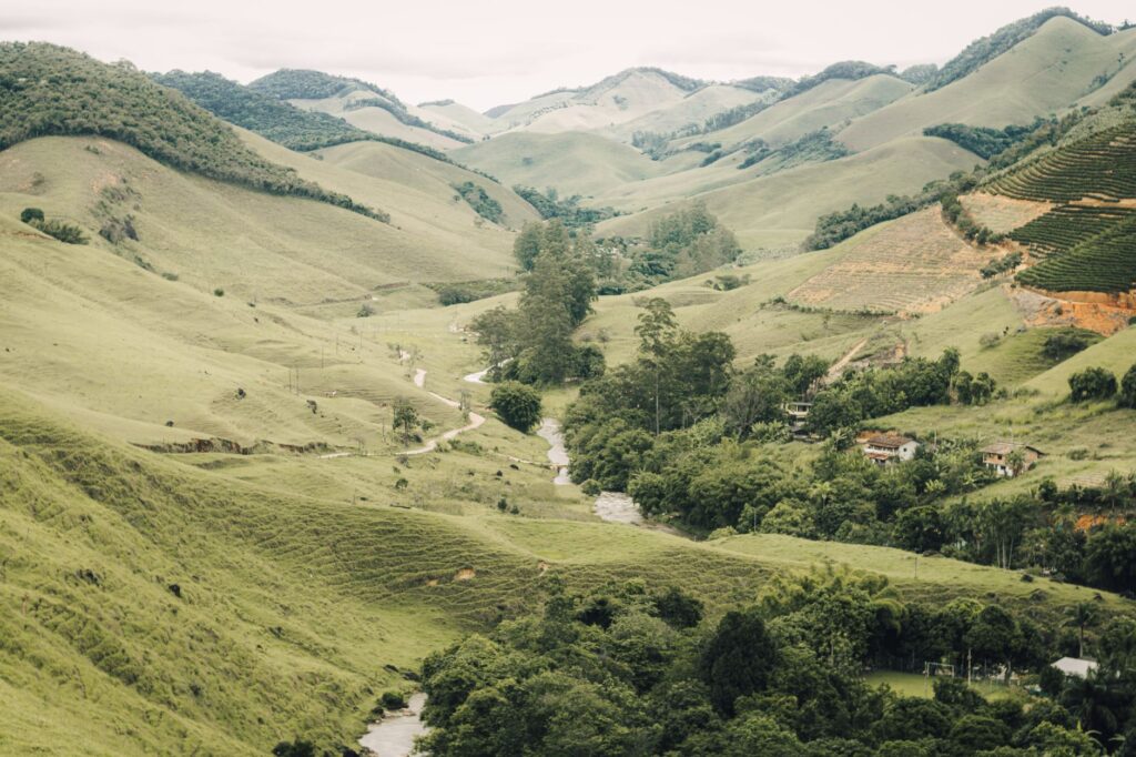 A breathtaking view of a lush green valley with rolling hills, trees, and a river.