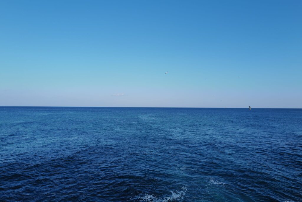 A serene view of the vast blue ocean merging with the clear sky on a sunny day.
