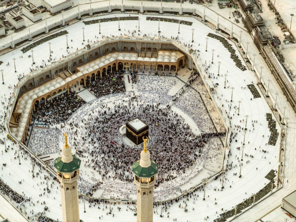 Aerial photo of the Holy Kaaba in Mecca, showing pilgrims during Hajj or Umrah, showcasing Islamic architecture, an image for Kaaba, Idol Worship and the Black Stone: Is Circling the Kaaba Idolatry